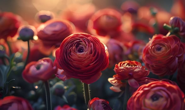 A stunning close-up of red ranunculus flowers bathed in the warm glow of the setting sun. The image showcases the intricate details and vibrant colors of these delicate blooms.