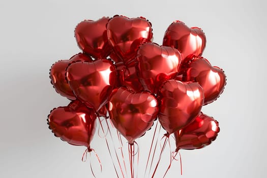 A bunch of shiny red heart-shaped balloons, perfect for Valentine's Day or a romantic celebration.