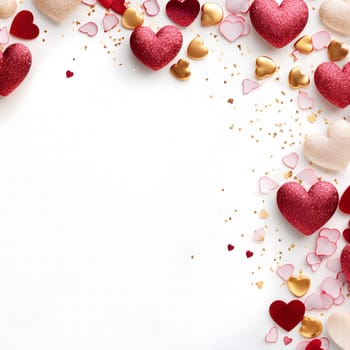 A Valentine's Day background featuring red, gold, and pink glitter hearts on a white surface. Perfect for greeting cards and romantic celebrations.