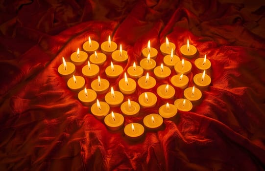 Burning candles arranged in a heart shape on red fabric. Romantic, warm, and serene atmosphere.