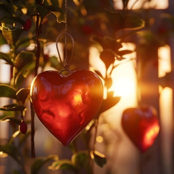 Two red glass hearts hang from a tree branch, illuminated by the warm glow of a sunset. A romantic and serene scene.
