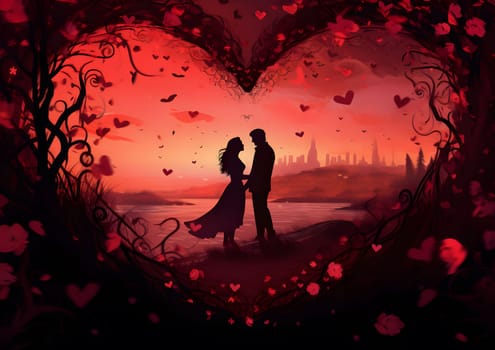 A romantic digital painting of a couple silhouetted against a sunset, framed by a heart-shaped tree