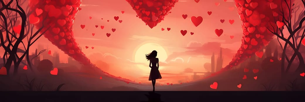 A lone girl walks towards a breathtaking sunset framed by a magical cascade of hearts. A powerful image symbolizing hope and love.