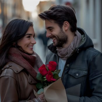 A happy couple sharing a romantic moment in the city, exchanging smiles and flowers. Warm and loving atmosphere.