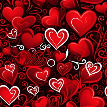 Seamless pattern of red hearts and swirls for Valentines Day.