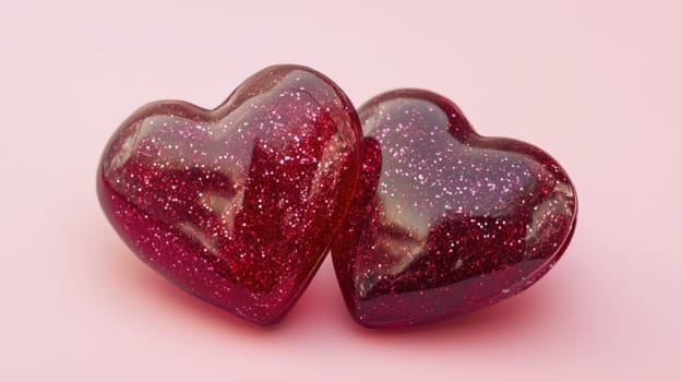 Two red glass hearts with glitters on pink background. St. Valentine's day concept. Symbol of love, romance and passion.