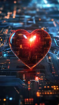 Red digital heart in cyberspace. Virtual reality, programming and information technology of the future. Artificial intelligence, code data and cybersecurity. St. Valentine's Day love concept.