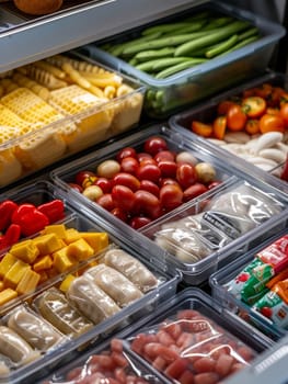 A wide selection of frozen fruits and vegetables neatly arranged in the freezer, providing a vibrant and diverse range of nutritious options for home cooking