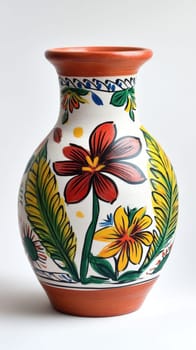 Clay jar with colourful floral ornament isolated on white background.
