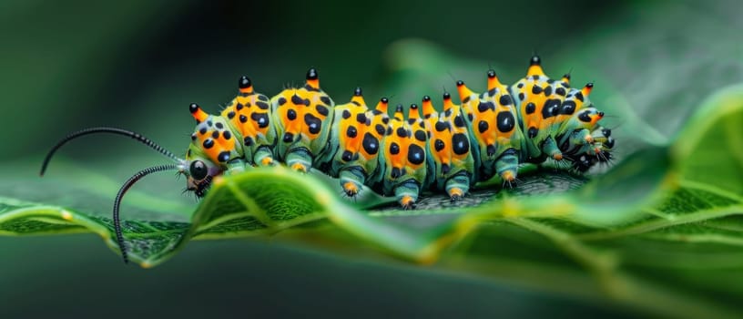 A spectacular caterpillar featuring a mosaic of colors on a green, leafy stage, exemplifying nature's artistry