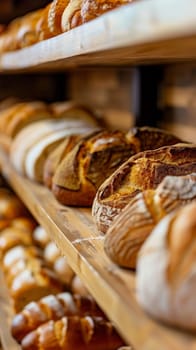 A close view of a shelf with assorted crusty bread loaves in sharp focus in a bakery