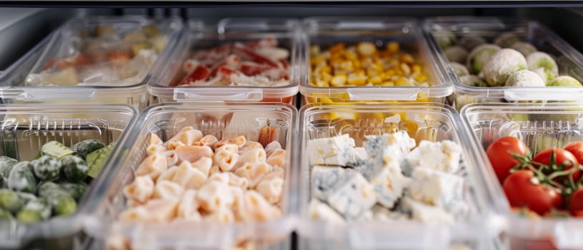 Multiple types of dairy products and frozen foods orderly arranged in a fridge, depicting meal preparation and organization