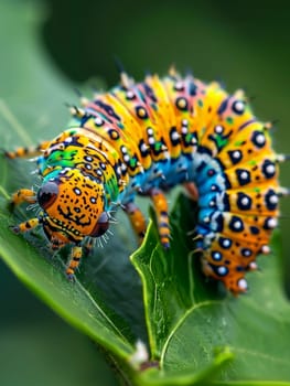 An ornately patterned caterpillar, with rich hues of blue, yellow, and black, curls up on a verdant leaf, highlighting the wonders of natural biodiversity