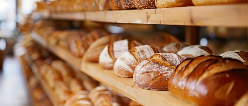 The warm ambiance of a bakery showcasing loaves of bread on wooden shelves, inviting fresh bakery aroma