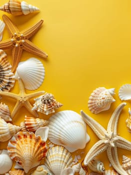 Assorted seashells artfully scattered on a yellow backdrop, showcasing the beauty of marine diversity in a tropical setting. Copy space for advertising, presentation product or text