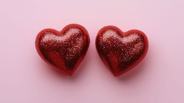 Two red glass hearts with glitters on pink background. St. Valentine's day concept. Symbol of love, romance and passion.