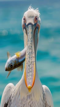 Majestic white pelican seen frontally displaying a fresh catch in its beak, with the serene blue ocean in the background.