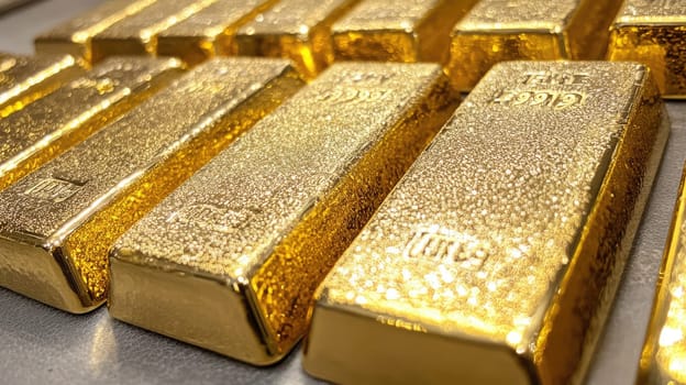 Rows of glittering gold bars. Financial economy banking concept. Glittering shiny golden precious metal background.