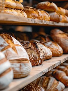 An enticing array of freshly baked breads, including crusty loaves, golden-brown rolls, and artfully decorated pastries, neatly arranged on wooden shelves