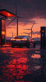 Rear view of an electric car plugged in at a charging station, with a sunset and windmills backdrop