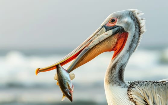 A serene scene of a pelican feasting on a fish, captured in the warm glow of the sunset by the sea