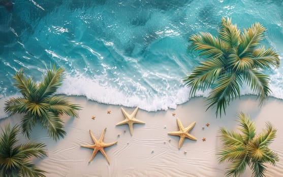 Dramatic crashing waves against a golden sandy beach at sunset, with vibrant palm fronds providing a lush tropical backdrop. Copy space for advertising, presentation product or text