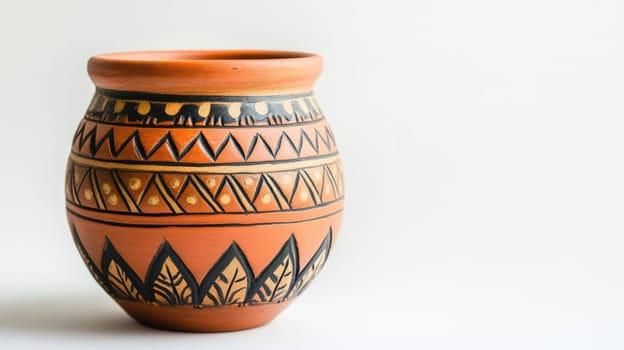 Empty brown ceramic flower and plant pot with floral ornament isolated on white background with copy space.