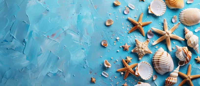 An artistic spread of seashells and starfish on a textured turquoise backdrop offers a vivid canvas for text and ads. Copy space for advertising, presentation product