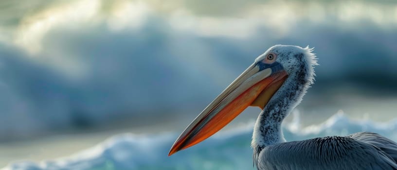 Side view of a brown pelican with its beak highlighted, against the soft focus of ocean waves