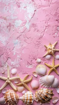 A collection of seashells and starfish arranged on a textured pink background, simulating a seashore discovery. Copy space for advertising, presentation product or text