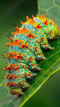 A striking caterpillar with bright colors and spiky protrusions crawling on a leaf, showcasing nature's diversity