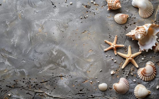 A serene spread of seashells and starfish against a concrete textured background, ideal for text overlays. Copy space for advertising, presentation product