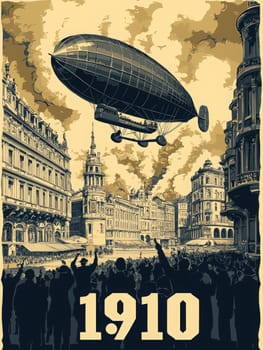 An airship glides over a bustling city square filled with people appreciating the spectacle. The architecture reflects early 20th-century design, setting a vibrant historical atmosphere.