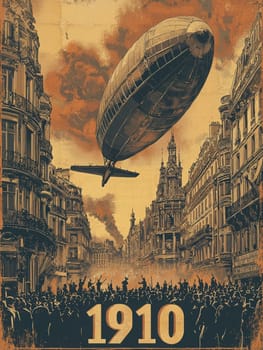 A large airship hovers above a crowded street filled with people in early 1900s attire. The historical buildings create a lively backdrop, reflecting the excitement of this era.