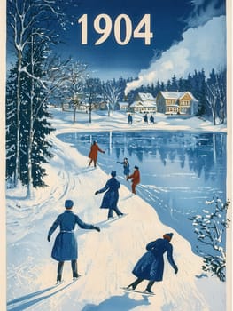 People enjoy ice skating and walking along a frozen lake, surrounded by snow-covered trees and quaint houses. The scene captures the charm of a winter day in 1904.