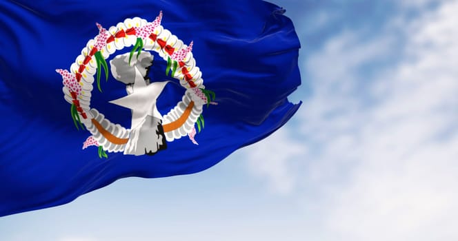 Close-up of Northern Mariana Islands flag waving in the wind on a clear day. Unincorporated territory of the United States. 3d illustration render. Rippling fabric