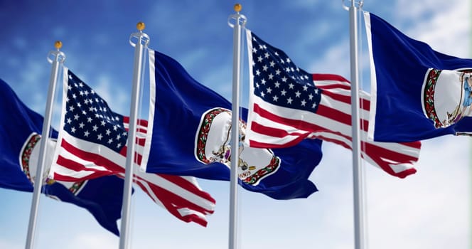 Virginia and the US flags waving in the wind on a clear day. State seal in the middle of a dark blue background. 3d illustration render. Rippling fabric