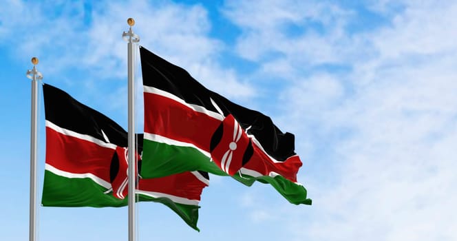 National flags of Kenya waving on a clear day. Black, red, and green bands separated by white lines, with a black Masai shield on two spears in the center. 3d illustration render. Fluttering fabric