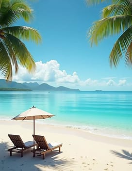 Two wooden lounge chairs sit beneath a straw umbrella on a sandy beach. The tranquil sea reflects a bright blue sky, while palm trees sway gently in the breeze. Ideal for relaxation. Generative AI.