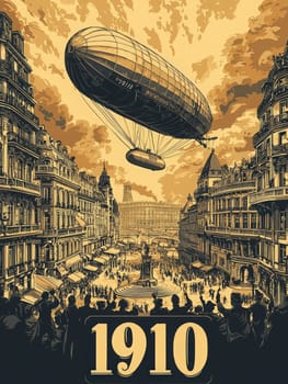 A vintage scene showcases a hot air balloon floating above a lively city square filled with people. Buildings line the streets, and a fountain stands prominently at the center, evoking the year 1910.