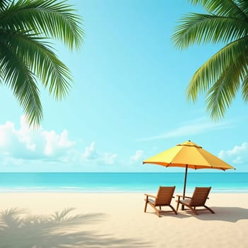 Two wooden lounge chairs sit beneath a straw umbrella on a sandy beach. The tranquil sea reflects a bright blue sky, while palm trees sway gently in the breeze. Ideal for relaxation. Generative AI.