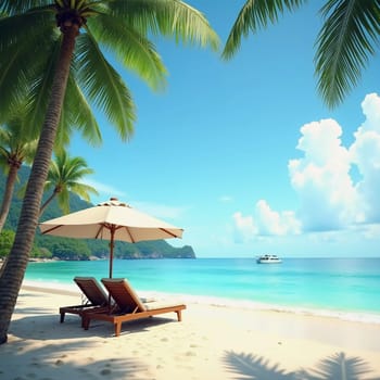 Two wooden lounge chairs sit beneath a straw umbrella on a sandy beach. The tranquil sea reflects a bright blue sky, while palm trees sway gently in the breeze. Ideal for relaxation. Generative AI.