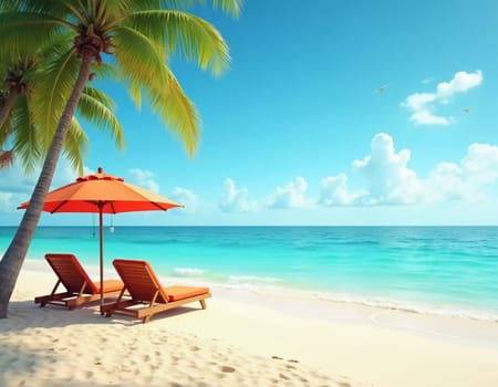 Two wooden lounge chairs sit beneath a straw umbrella on a sandy beach. The tranquil sea reflects a bright blue sky, while palm trees sway gently in the breeze. Ideal for relaxation. Generative AI.