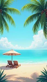 Two wooden lounge chairs sit beneath a straw umbrella on a sandy beach. The tranquil sea reflects a bright blue sky, while palm trees sway gently in the breeze. Ideal for relaxation. Generative AI.