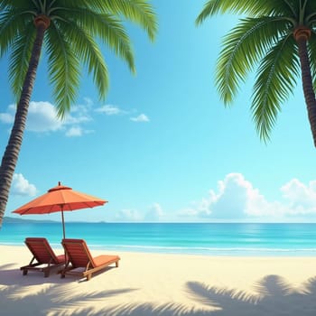 Two wooden lounge chairs sit beneath a straw umbrella on a sandy beach. The tranquil sea reflects a bright blue sky, while palm trees sway gently in the breeze. Ideal for relaxation. Generative AI.