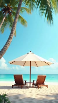 Two wooden lounge chairs sit beneath a straw umbrella on a sandy beach. The tranquil sea reflects a bright blue sky, while palm trees sway gently in the breeze. Ideal for relaxation. Generative AI.
