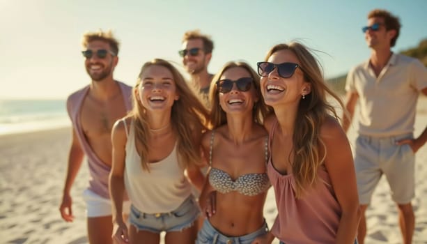 Friends enjoy a sunny day at the beach, smiling and laughing as they capture a fun moment together. The blue sky complements their joyful spirit and summer vibe. White sand. Generative AI.