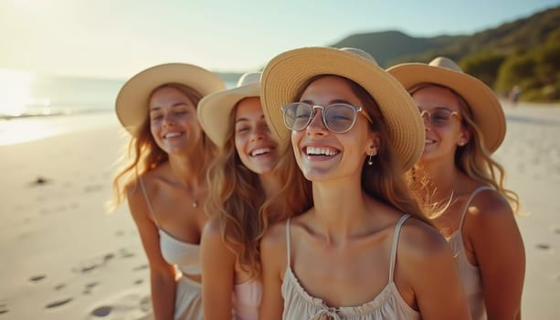 Friends enjoy a sunny day at the beach, smiling and laughing as they capture a fun moment together. The blue sky complements their joyful spirit and summer vibe. White sand. Generative AI.