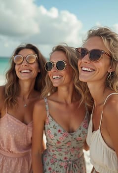 Friends enjoy a sunny day at the beach, smiling and laughing as they capture a fun moment together. The blue sky complements their joyful spirit and summer vibe. White sand. Generative AI.