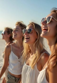 Friends enjoy a sunny day at the beach, smiling and laughing as they capture a fun moment together. The blue sky complements their joyful spirit and summer vibe. White sand. Generative AI.